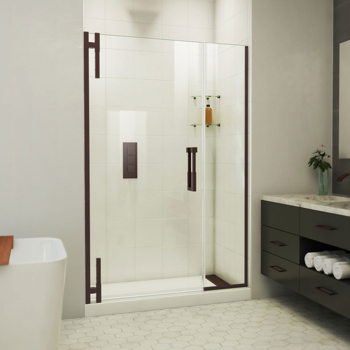 Ascend frameless pivot shower door with inline panel in Oil Rubbed Bronze, 40 to 49 1/2 inch width, 3/8 inch clear glass, shown in a bathroom
