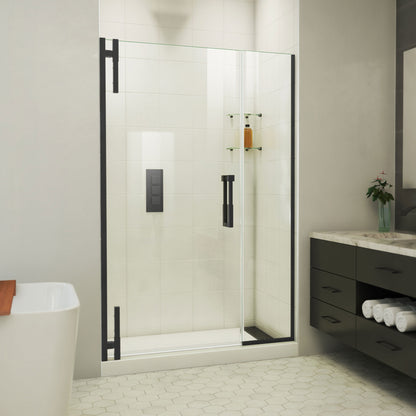 Ascend frameless pivot shower door with inline panel in Satin Black, 40 to 49 1/2 inch width, 3/8 inch clear glass, shown in a bathroom