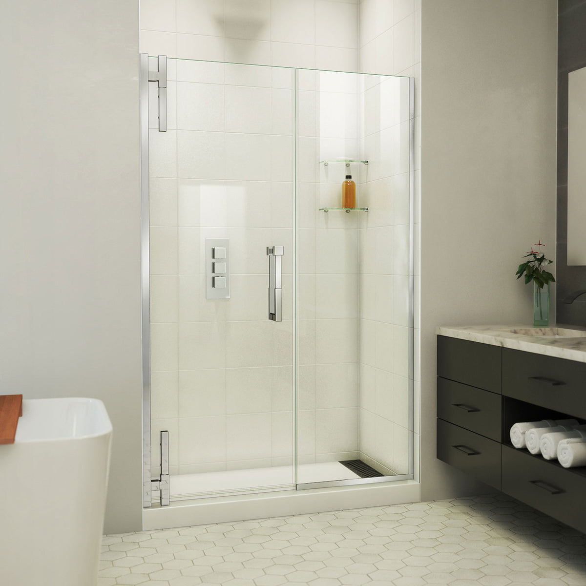 Ascend frameless pivot shower door with inline panel in Polished Chrome, 48 to 57 1/2 inch width, 3/8 inch clear glass, shown in a bathroom