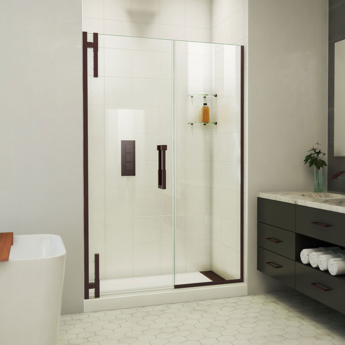 Ascend frameless pivot shower door with inline panel in Oil Rubbed Bronze, 48 to 57 1/2 inch width, 3/8 inch clear glass, shown in a bathroom