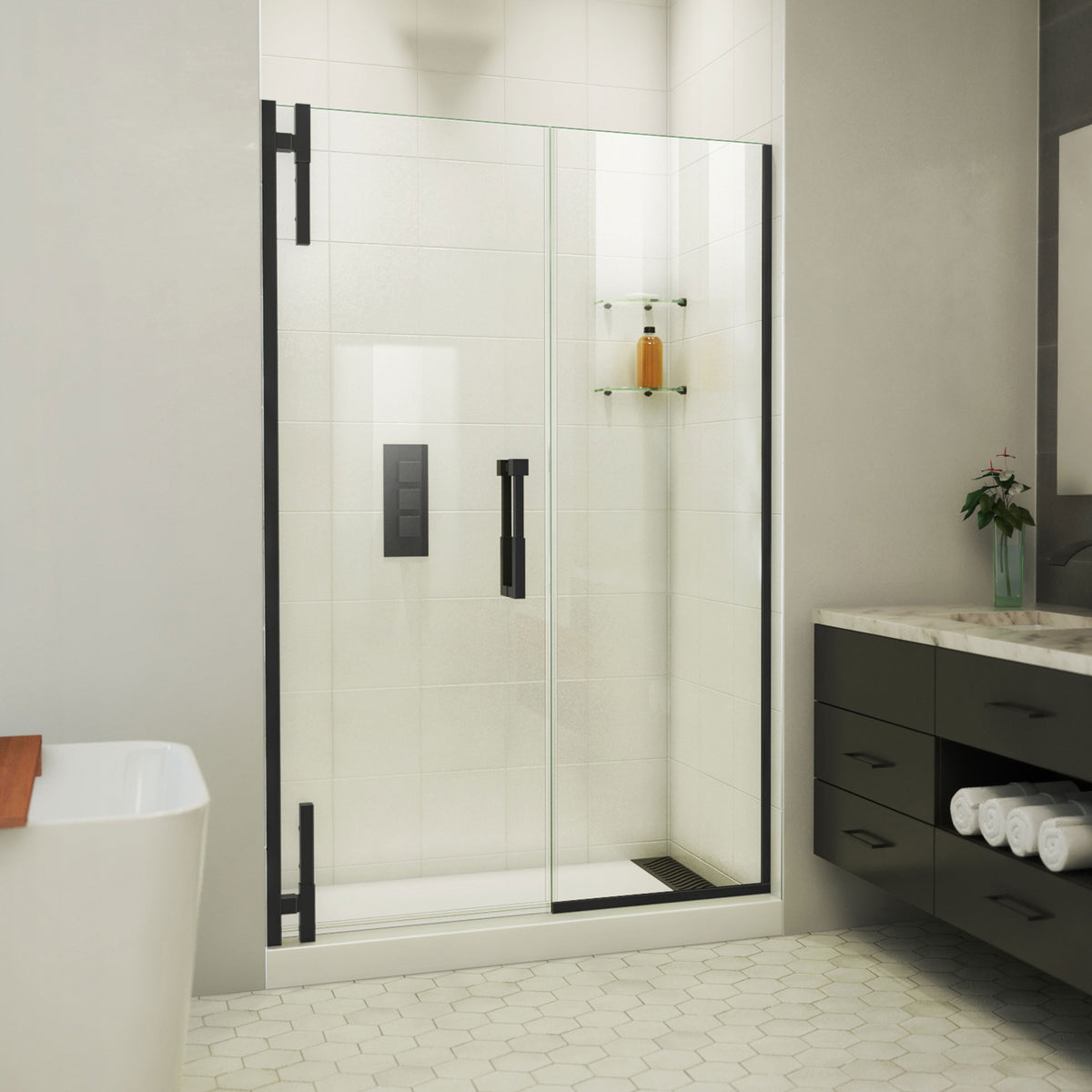 Ascend frameless pivot shower door with inline panel in Satin Black, 48 to 57 1/2 inch width, 3/8 inch clear glass, shown in a bathroom