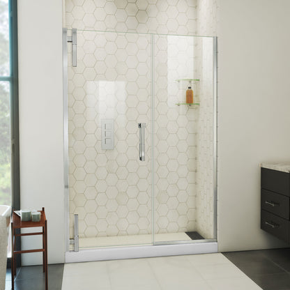 Ascend frameless pivot shower door with inline panel in Polished Chrome, 48 to 57 1/2 inch width, 3/8 inch clear glass, shown in a bathroom