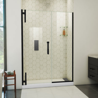 Ascend frameless pivot shower door with inline panel in Satin Black, 48 to 57 1/2 inch width, 3/8 inch clear glass, shown in a bathroom