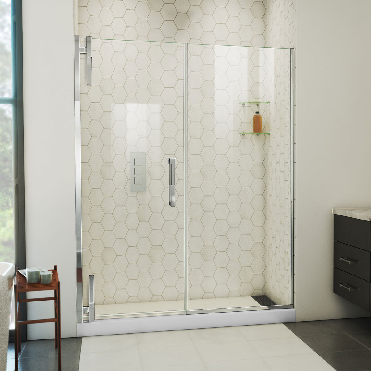 Ascend frameless pivot shower door with inline panel in Polished Chrome, 56 to 65 1/2 inch width, 3/8 inch clear glass, shown in a bathroom