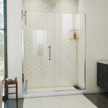 Ascend frameless pivot shower door with inline panel in Polished Chrome, 56 to 65 1/2 inch width, 3/8 inch clear glass, shown in a bathroom