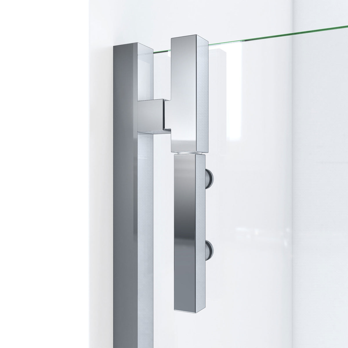 Ascend frameless pivot shower door top pivot hinge in Polished Chrome, detail view