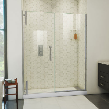 Ascend frameless pivot shower door with inline panel in Brushed Nickel, 56 to 65 1/2 inch width, 3/8 inch clear glass, shown in a bathroom