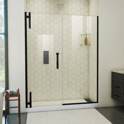 Ascend frameless pivot shower door with inline panel in Satin Black, 56 to 65 1/2 inch width, 3/8 inch clear glass, shown in a bathroom
