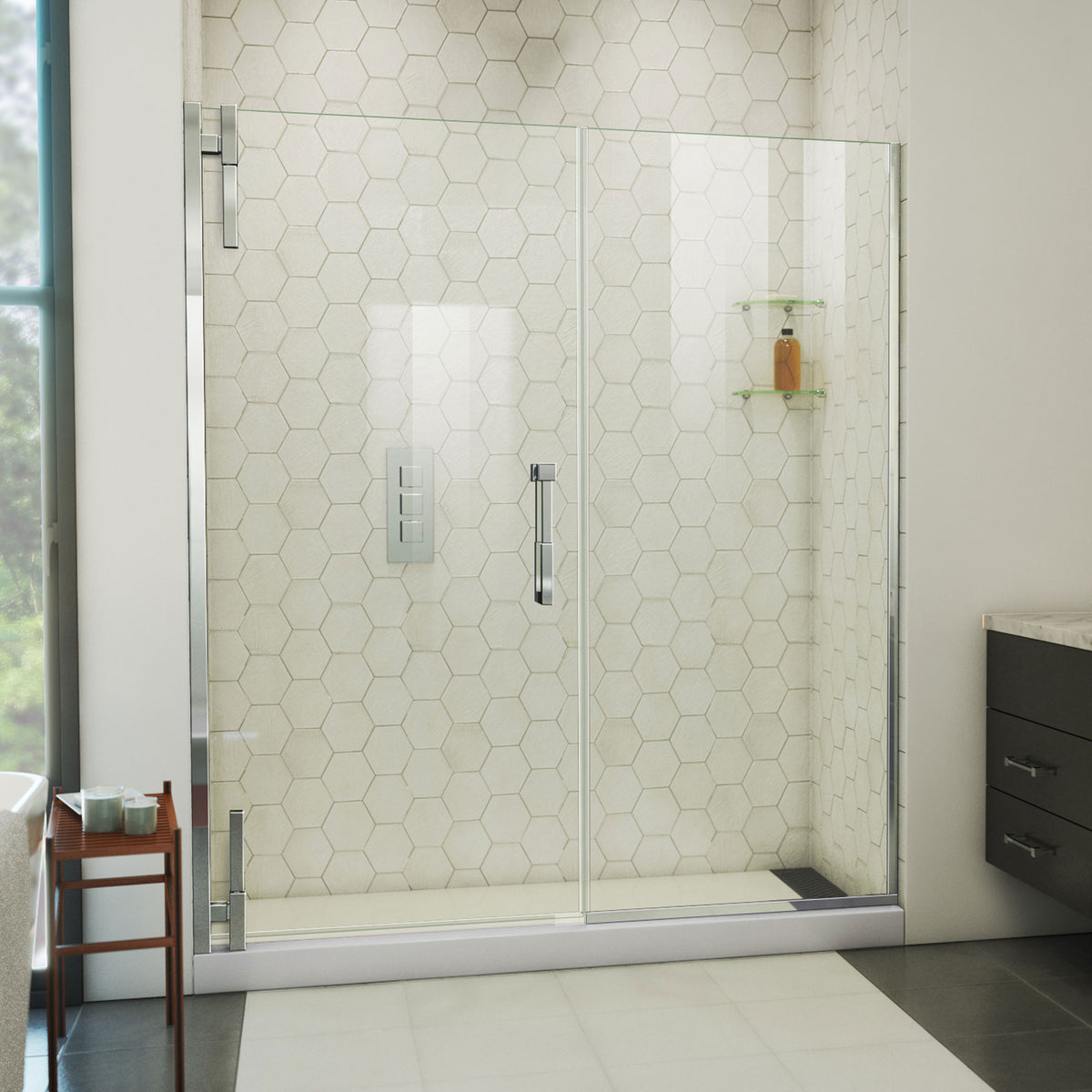 Ascend frameless pivot shower door with inline panel in Polished Chrome, 56 to 65 1/2 inch width, 3/8 inch clear glass, shown in a bathroom