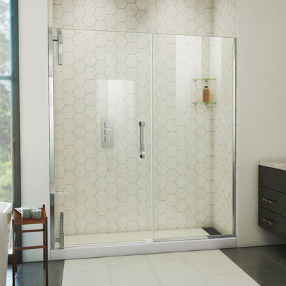 Ascend frameless pivot shower door with inline panel in Polished Chrome, 56 to 65 1/2 inch width, 3/8 inch clear glass, shown in a bathroom