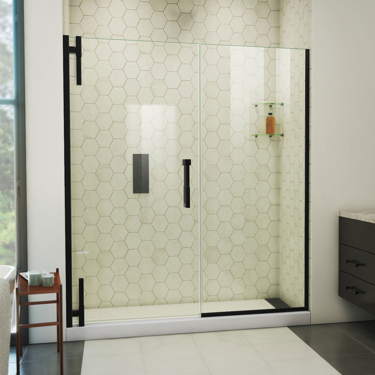 Ascend frameless pivot shower door with inline panel in Satin Black, 56 to 65 1/2 inch width, 3/8 inch clear glass, shown in a bathroom
