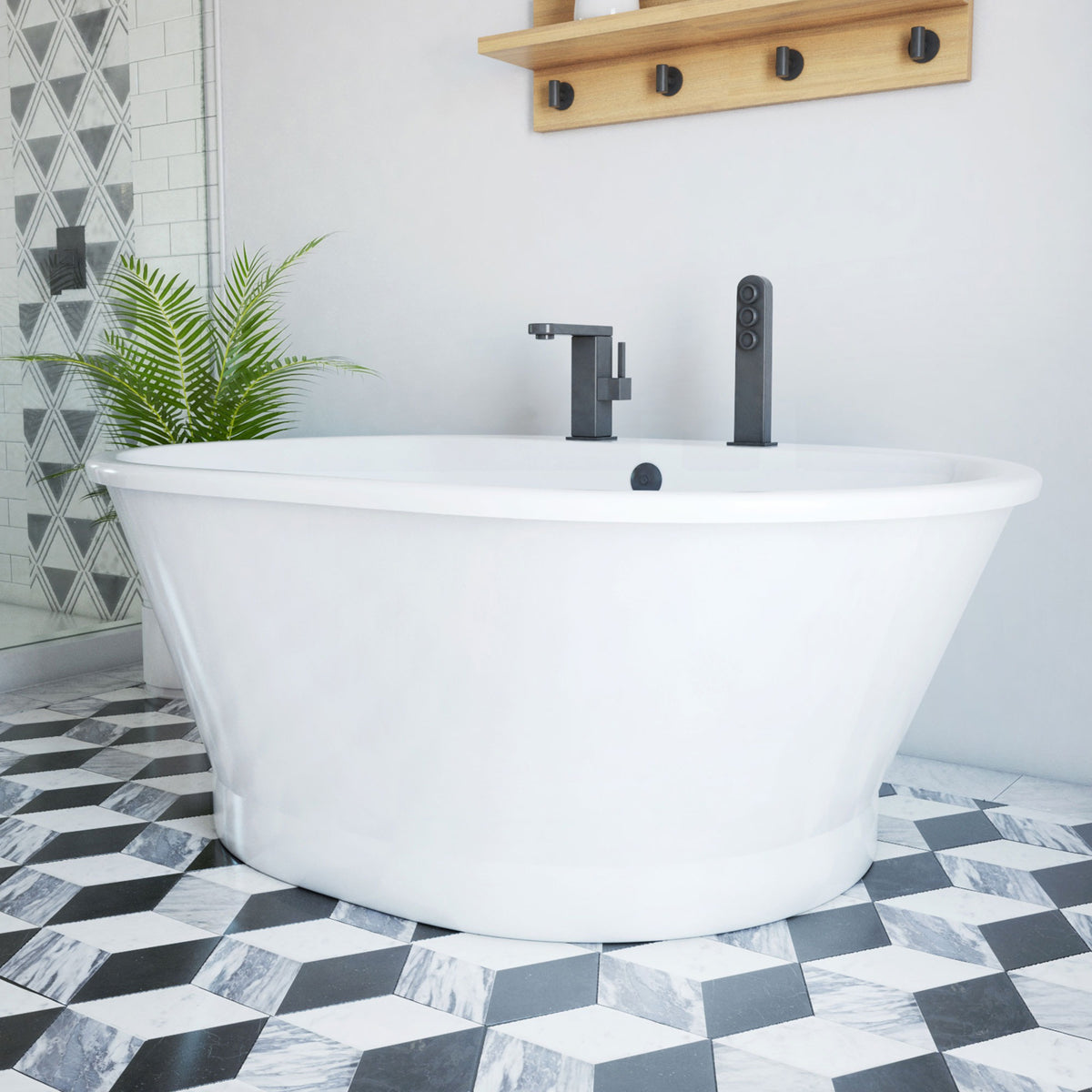 Caribbean 60 inch freestanding acrylic bathtub in gloss white, shown in a styled setting