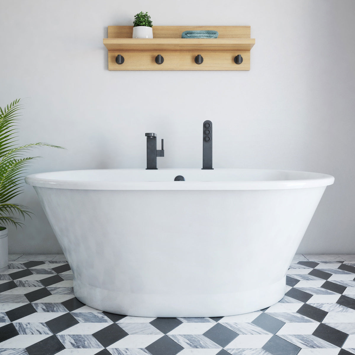 Caribbean 60 inch freestanding acrylic bathtub in gloss white, shown in a styled setting