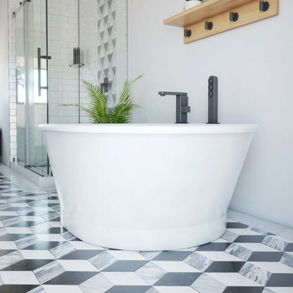 Caribbean 60 inch freestanding acrylic bathtub in gloss white, shown in a styled setting