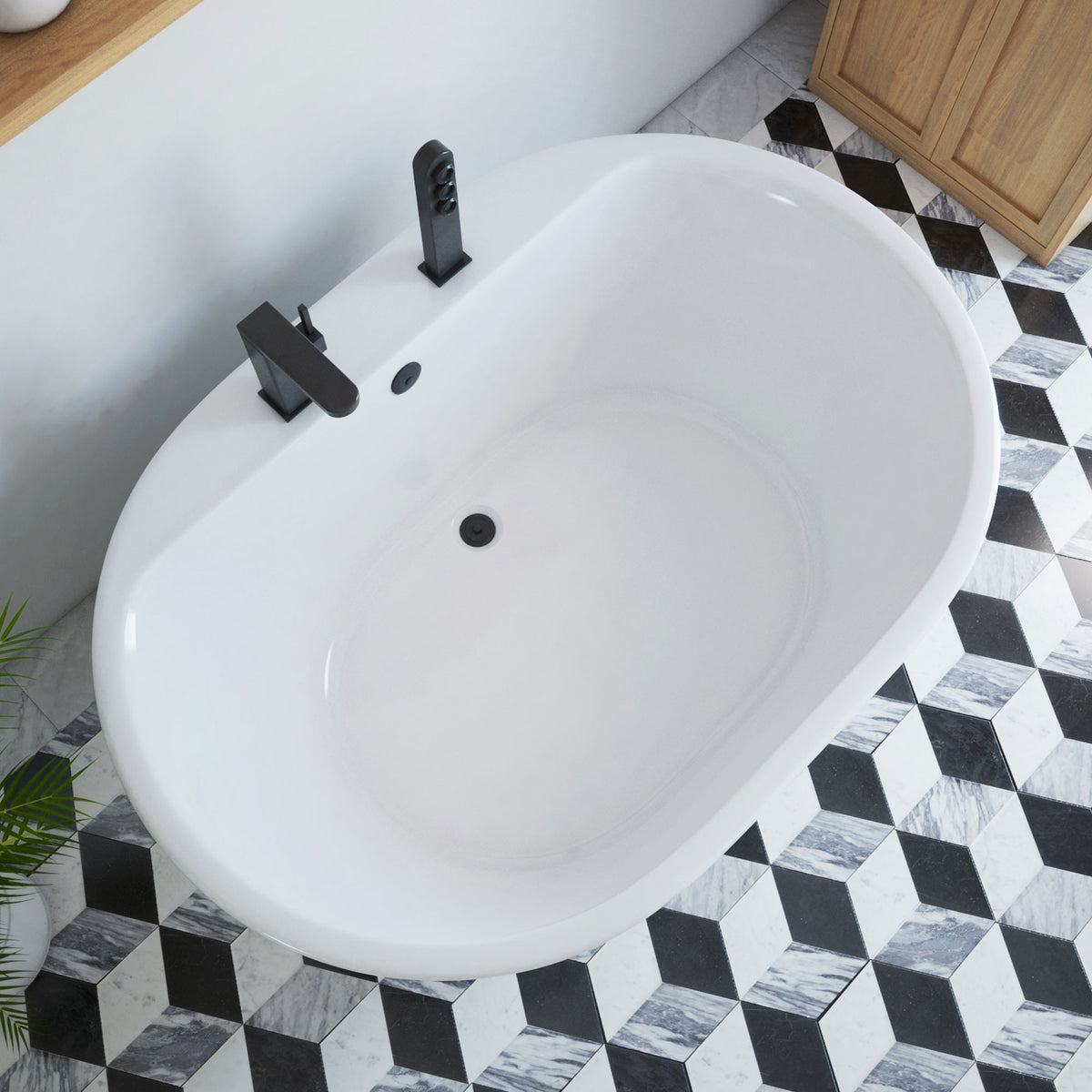 Caribbean 60 inch freestanding acrylic bathtub in gloss white, shown in a styled setting