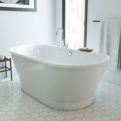 Caribbean 66 inch freestanding acrylic bathtub in gloss white, shown in a styled setting