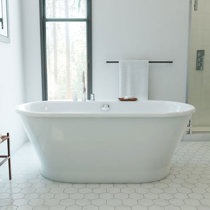 Caribbean 66 inch freestanding acrylic bathtub in gloss white, shown in a styled setting