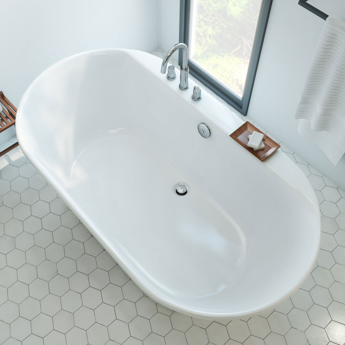Caribbean 66 inch freestanding acrylic bathtub in gloss white, shown in a styled setting