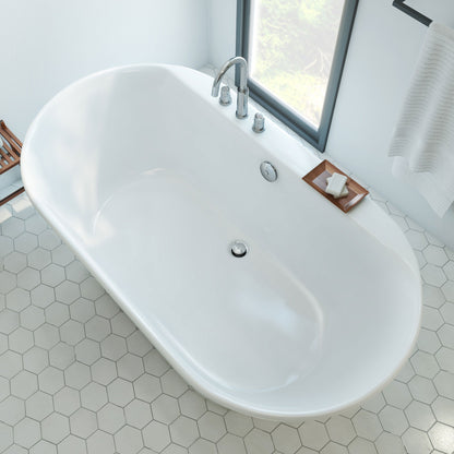 Caribbean 66 inch freestanding acrylic bathtub in gloss white, shown in a styled setting