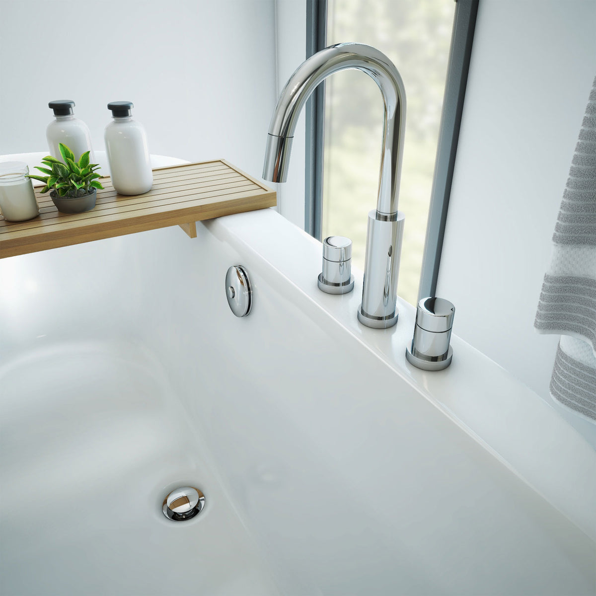 Caribbean 66 inch freestanding acrylic bathtub in gloss white, shown in a styled setting