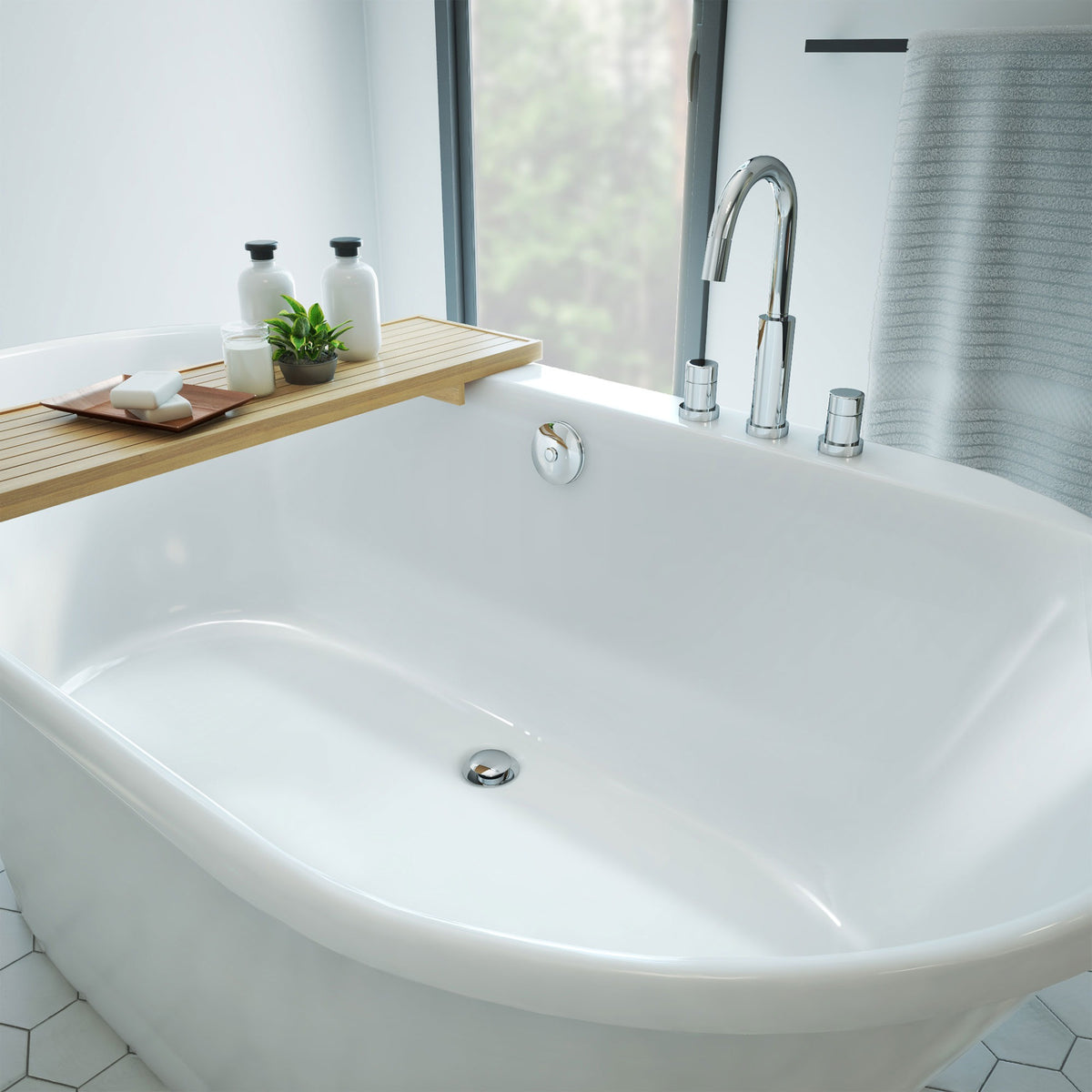 Caribbean 66 inch freestanding acrylic bathtub in gloss white, shown in a styled setting