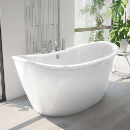 Caspian 60 inch freestanding acrylic bathtub in gloss white, shown in a styled setting