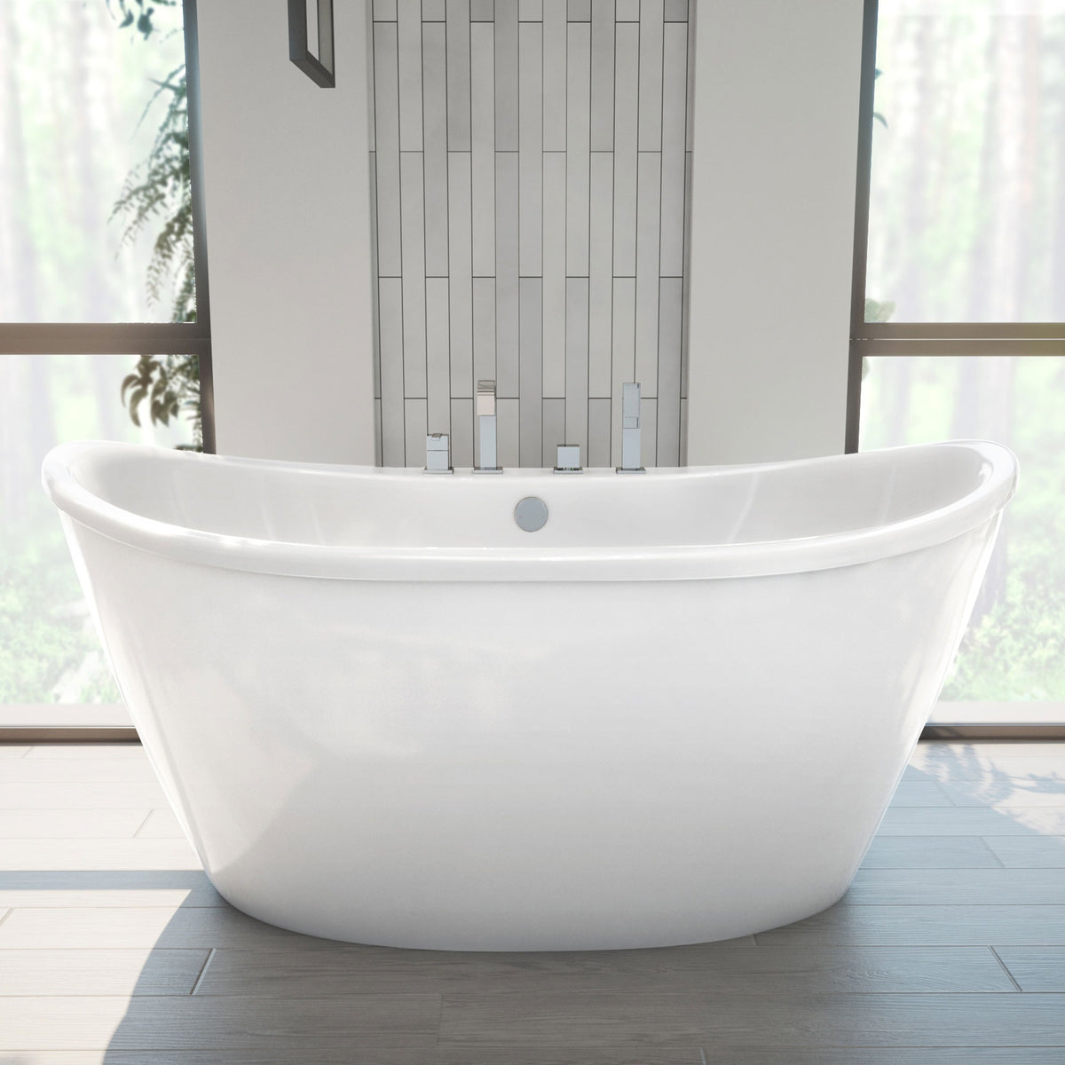 Caspian 60 inch freestanding acrylic bathtub in gloss white, shown in a styled setting