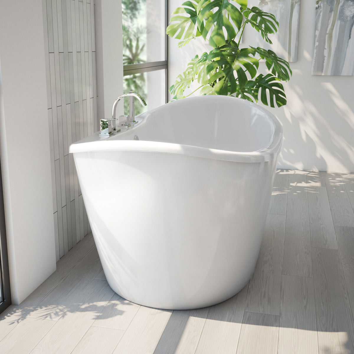 Caspian 60 inch freestanding acrylic bathtub in gloss white, shown in a styled setting
