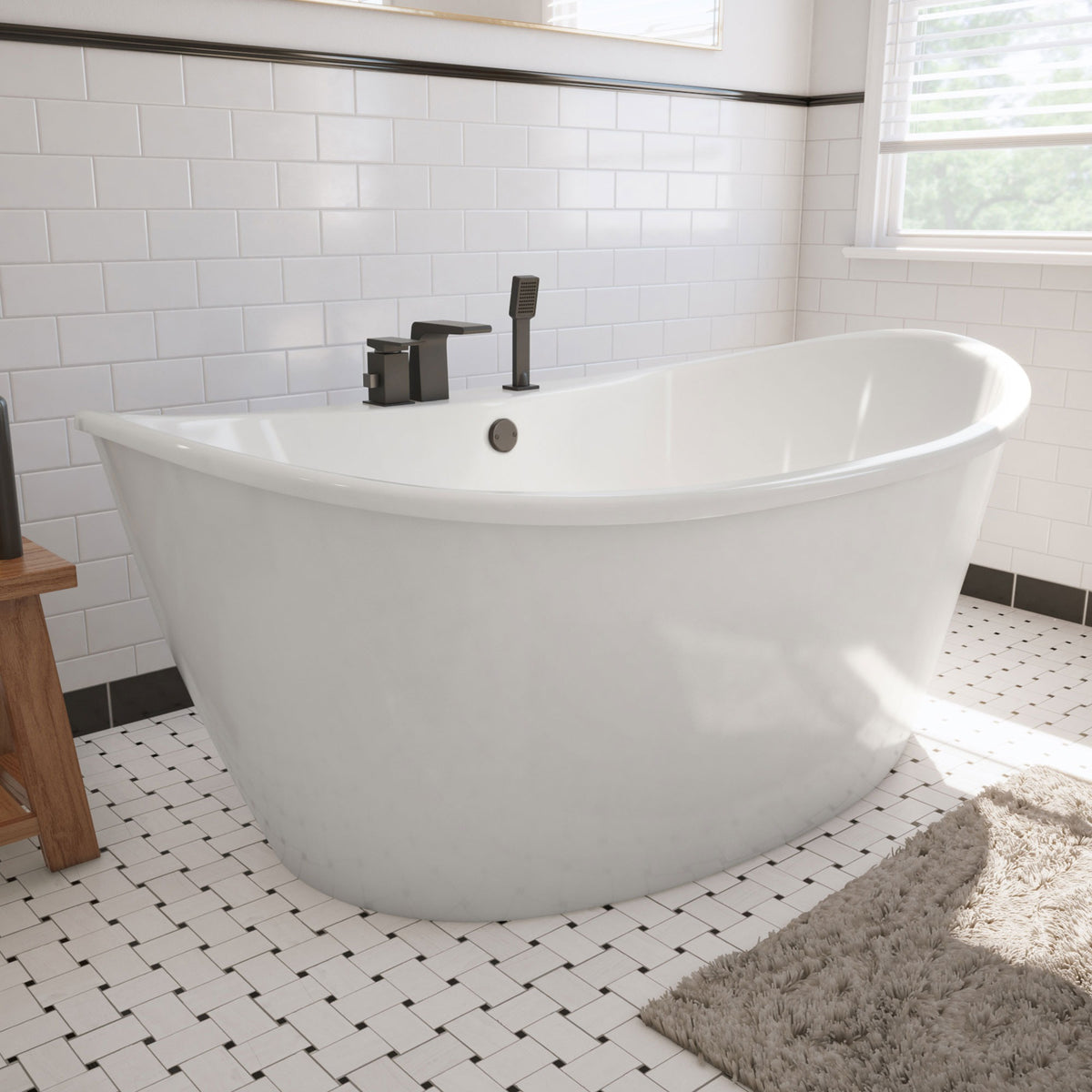 Caspian 66 inch freestanding acrylic bathtub in gloss white, shown in a styled setting