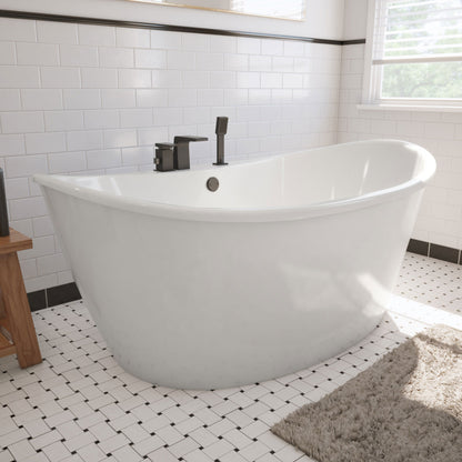 Caspian 66 inch freestanding acrylic bathtub in gloss white, shown in a styled setting