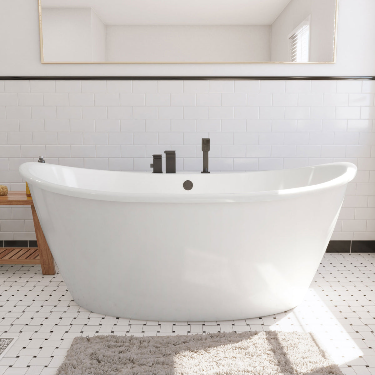 Caspian 66 inch freestanding acrylic bathtub in gloss white, shown in a styled setting
