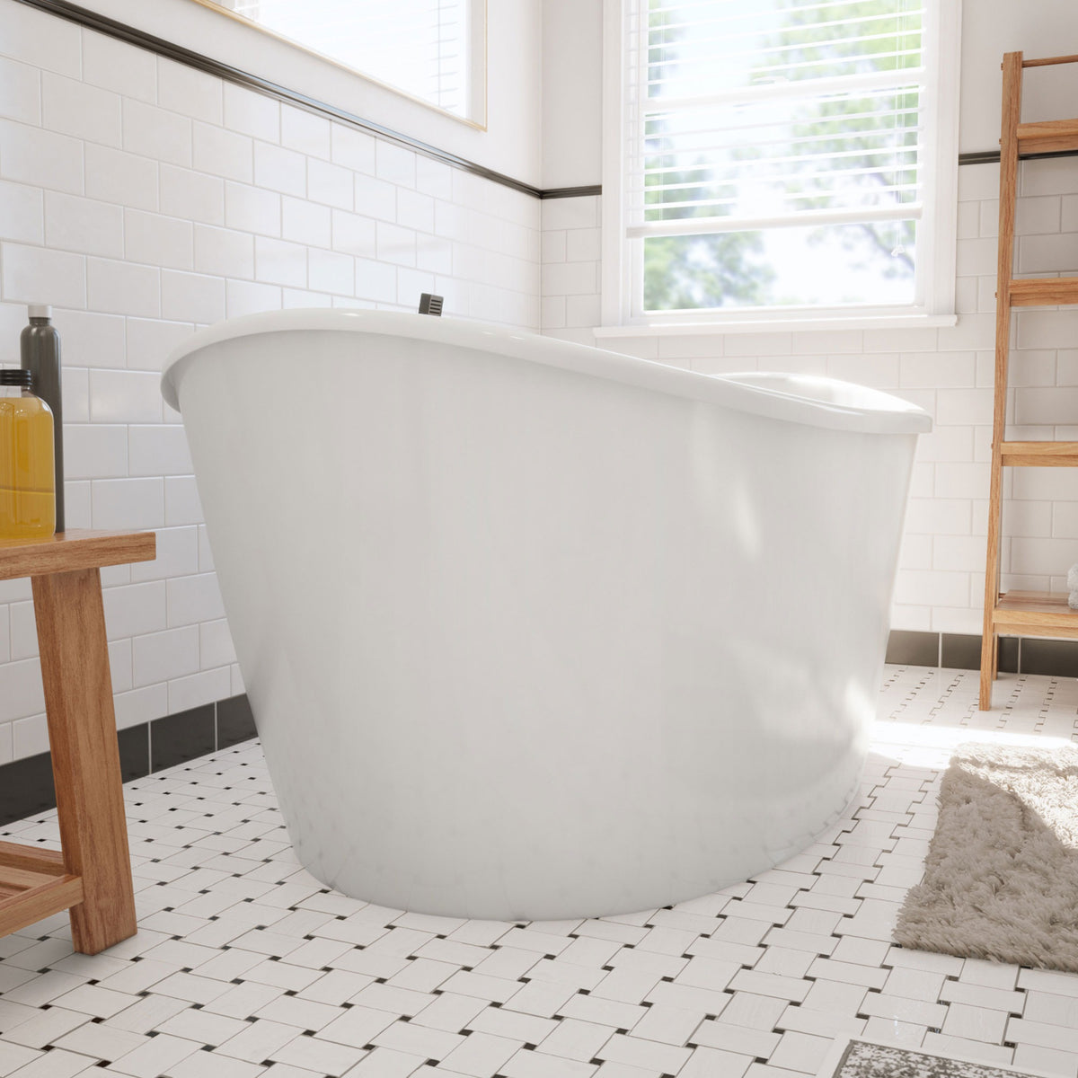 Caspian 66 inch freestanding acrylic bathtub in gloss white, shown in a styled setting