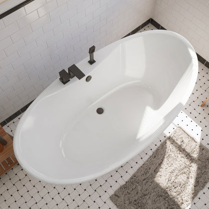 Caspian 66 inch freestanding acrylic bathtub in gloss white, shown in a styled setting