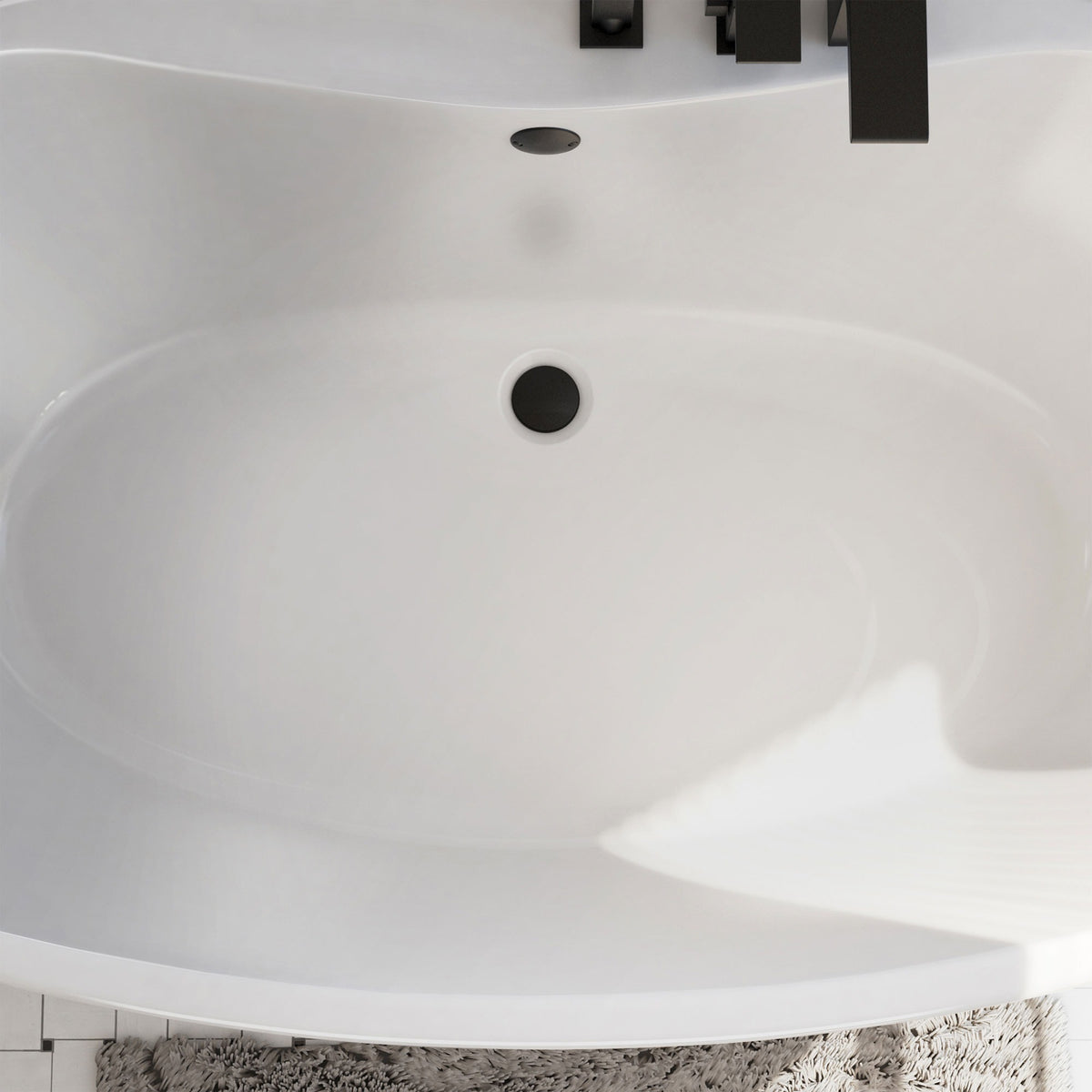 Caspian 66 inch freestanding acrylic bathtub in gloss white, shown in a styled setting