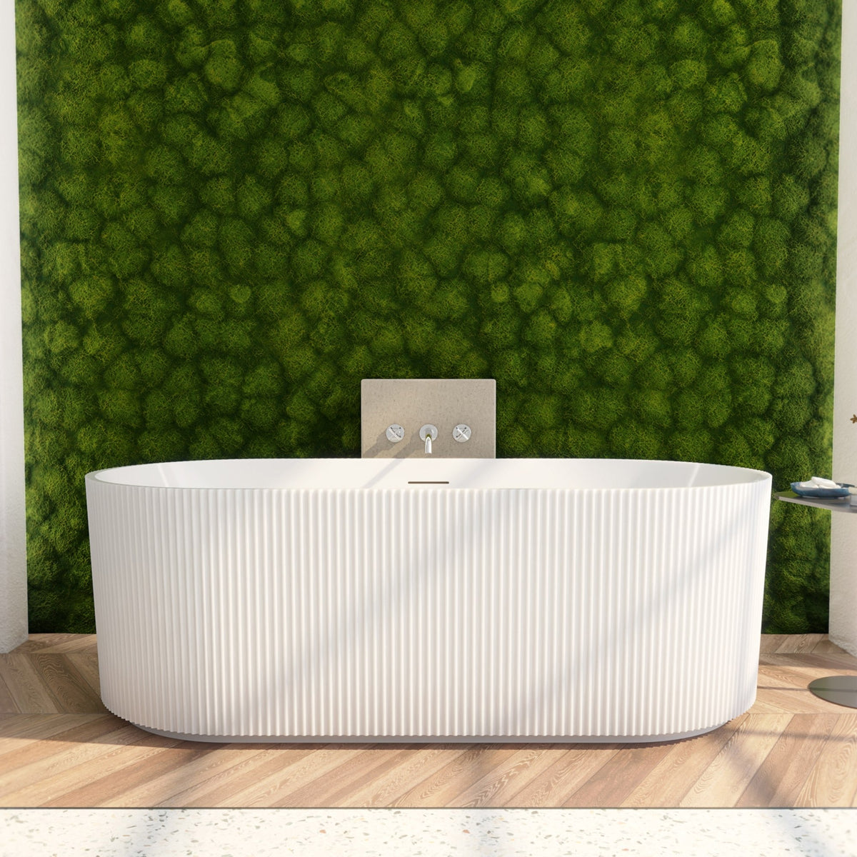 Charisma 59 inch freestanding acrylic bathtub in gloss white with Polished Chrome drain, shown in a styled setting