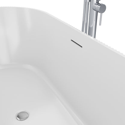 Charisma 59 inch freestanding acrylic bathtub in gloss white with Polished Chrome drain, shown in a styled setting
