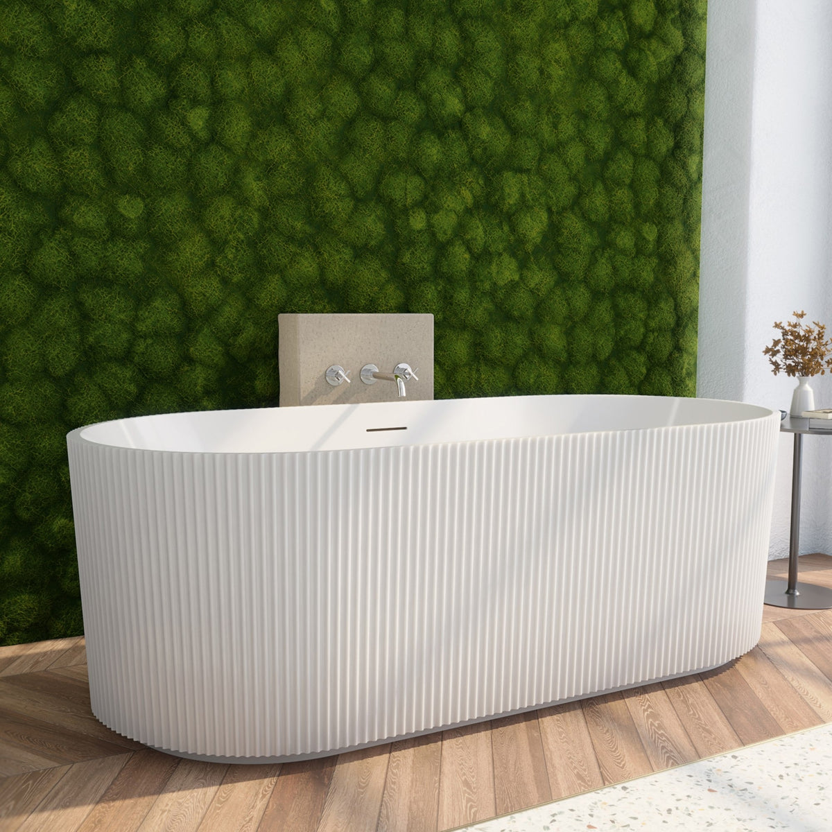 Charisma 67 inch freestanding acrylic bathtub in gloss white, shown in a styled setting