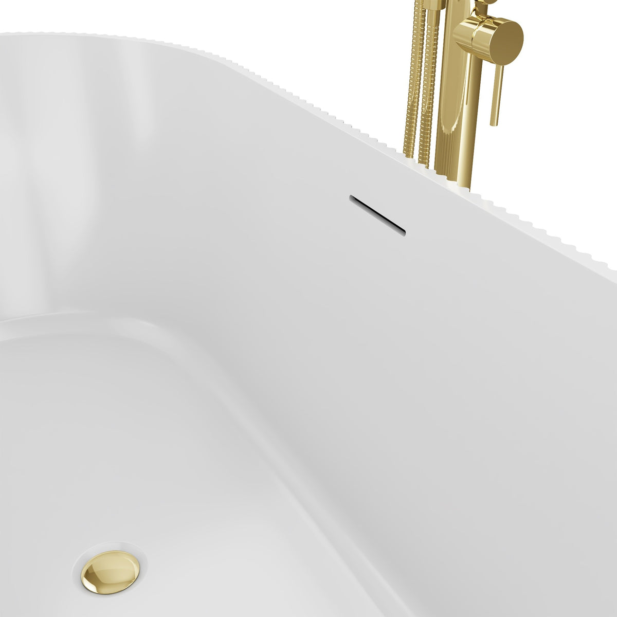 Charisma 67 inch freestanding acrylic bathtub in gloss white, shown in a styled setting
