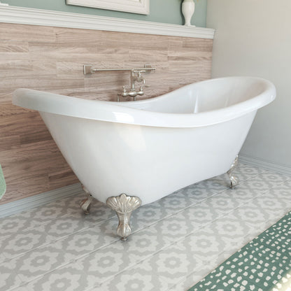 Chesapeake 69 inch freestanding acrylic bathtub in gloss white, shown in a styled setting