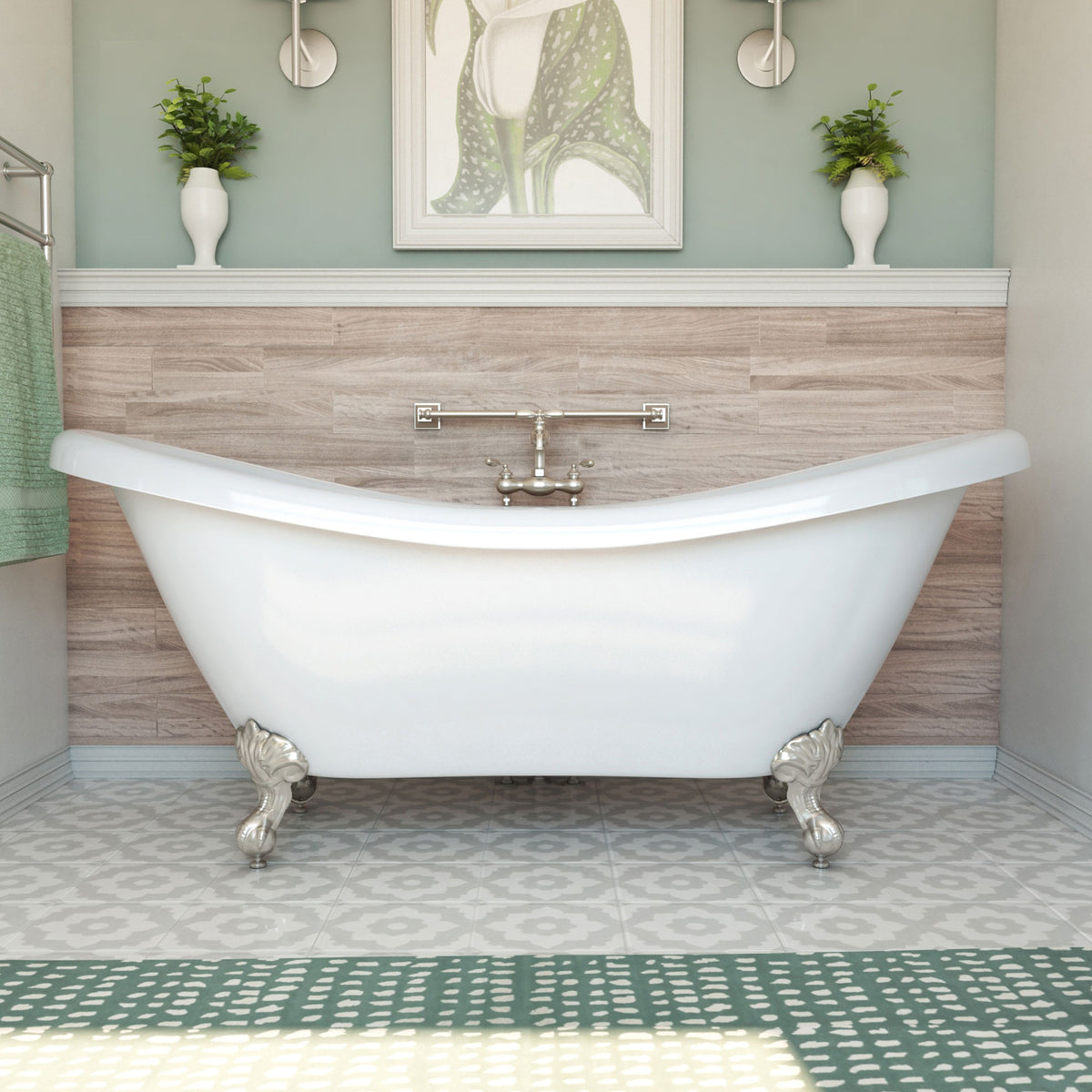 Chesapeake 69 inch freestanding acrylic bathtub in gloss white, shown in a styled setting