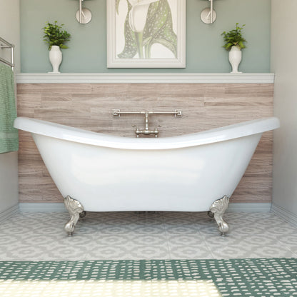 Chesapeake 69 inch freestanding acrylic bathtub in gloss white, shown in a styled setting