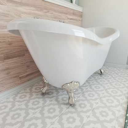 Chesapeake 69 inch freestanding acrylic bathtub in gloss white, shown in a styled setting
