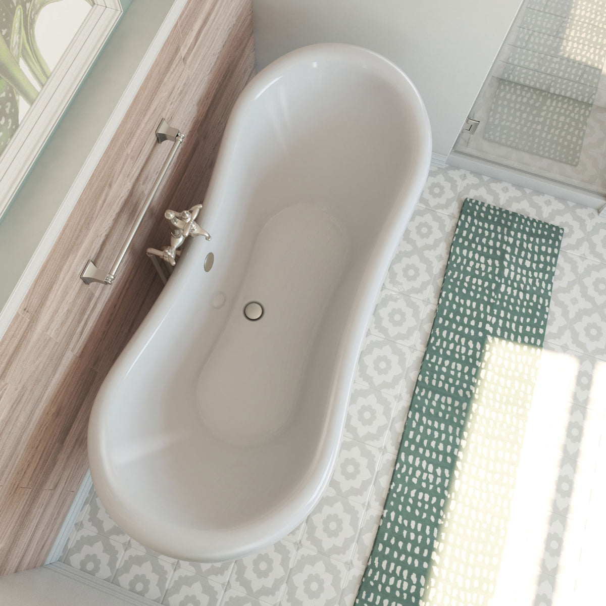 Chesapeake 69 inch freestanding acrylic bathtub in gloss white, shown in a styled setting