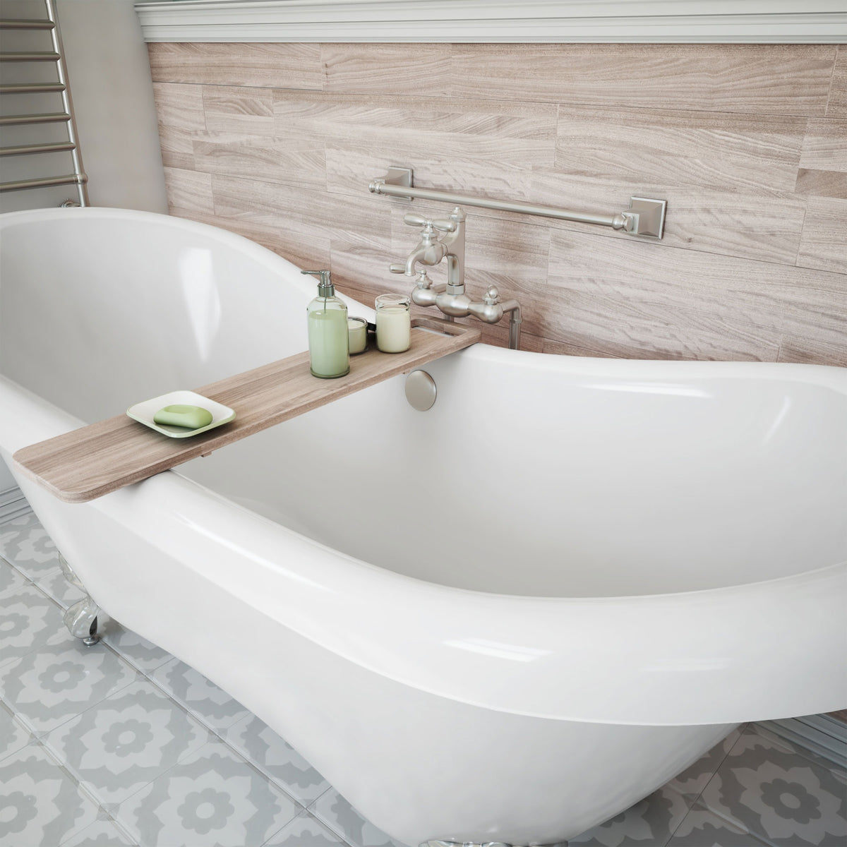 Chesapeake 69 inch freestanding acrylic bathtub in gloss white, shown in a styled setting