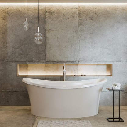 Continuum 66 inch freestanding acrylic bathtub in gloss white with Polished Chrome drain, shown in a styled setting