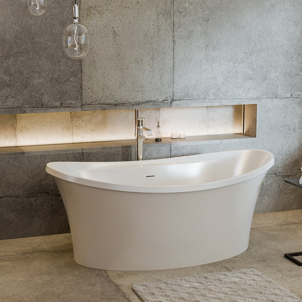 Continuum 66 inch freestanding acrylic bathtub in gloss white with Polished Chrome drain, shown in a styled setting