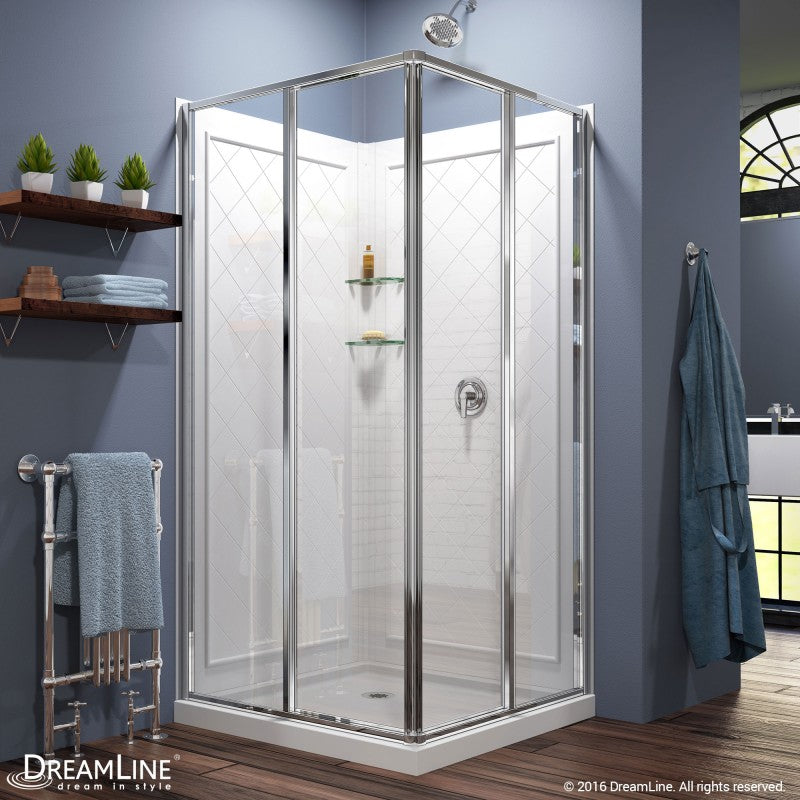 Cornerview Framed Corner Enclosure Center Sliding Shower Door Kit with Diamond Style Wall and White Shower Base Pan