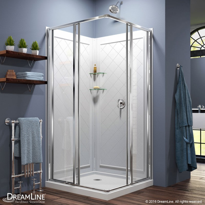 Cornerview Framed Corner Enclosure Center Sliding Shower Door Kit with Diamond Style Wall and White Shower Base Pan