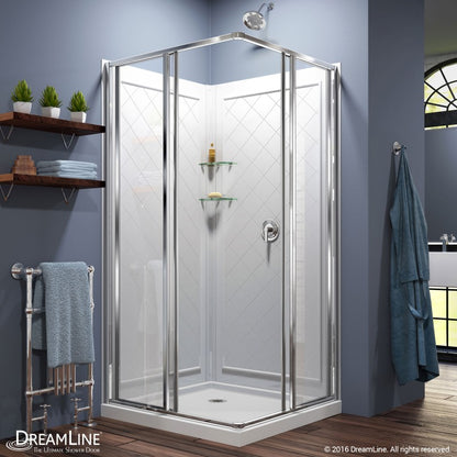 Cornerview Framed Corner Enclosure Center Sliding Shower Door Kit with Diamond Style Wall and White Shower Base Pan