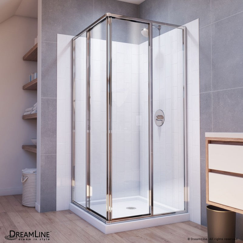 Cornerview Framed Corner Enclosure Center Sliding Shower Door Kit with Subway Style Wall and White Shower Base Pan
